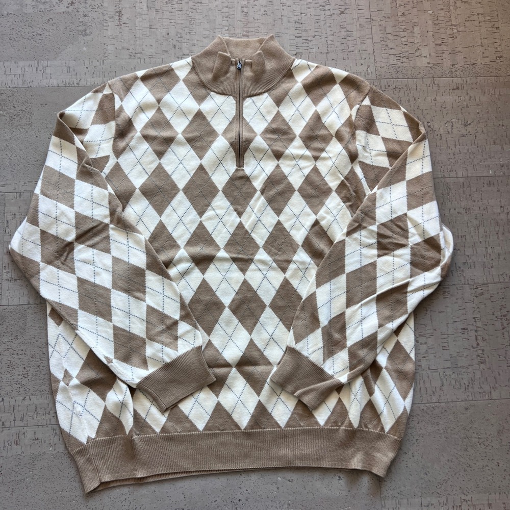 Polo Golf Ralph Lauren Sweater Mens XL Tan Argyle Good Quarter Zip Pullover
